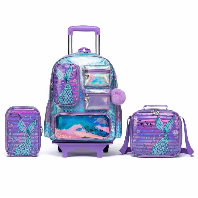 Kit Mochila Escolar Feminina Reforçada Rodinhas Sereia Estojo Lancheira