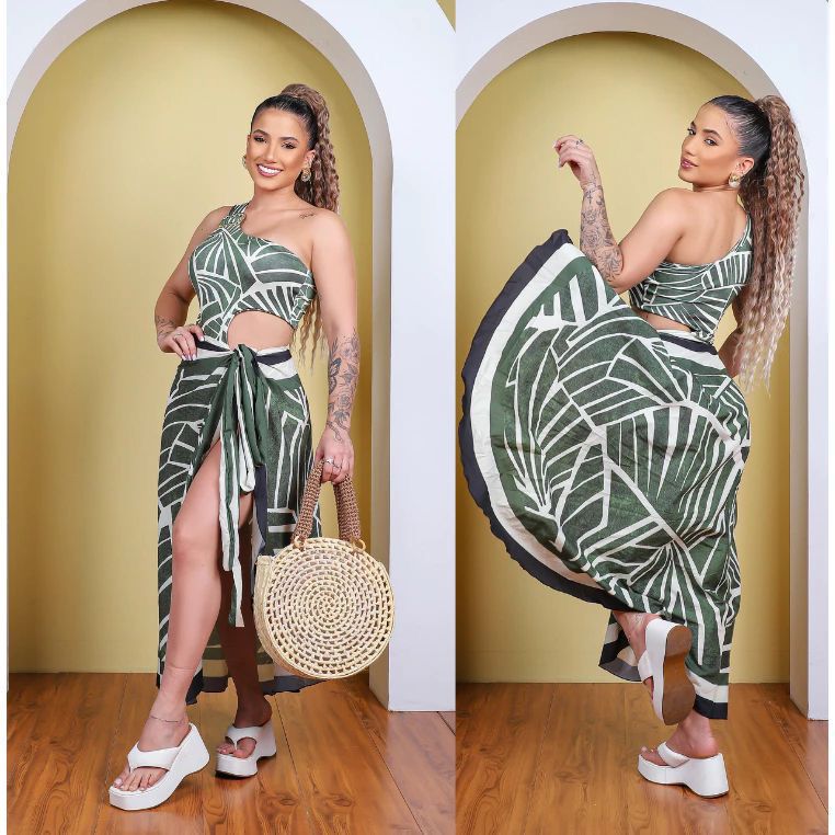 Maiô Feminino engana mamae biquini Nula Manga e saída Praia Pareô Redonda Conjunto