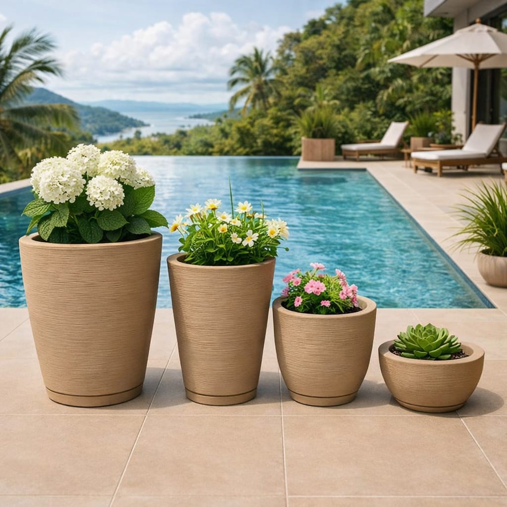 Kit 4 Vasos para Plantas Decorativo Escovados Coluna Redona 1 + Bojo 1 + Bacia 1 + Coluna Bojo 1