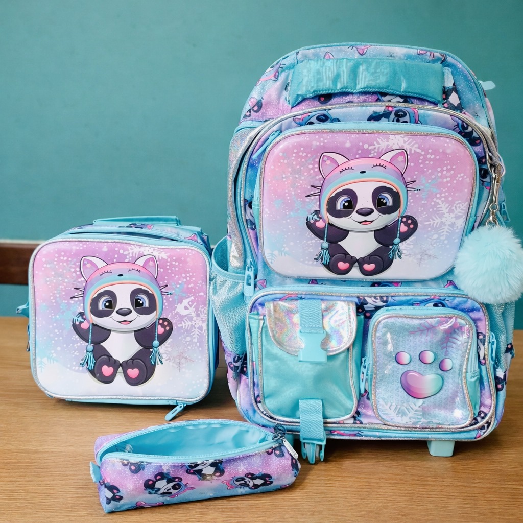 Mochila Kit Infantil  Menina de Rodinha com Lancheira Estojo Panda