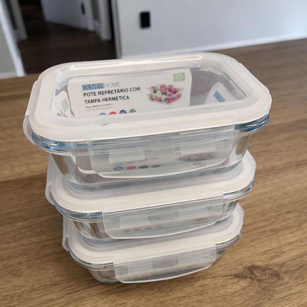 Kit Potes de Vidro 370ml Hermético Marmita Fit com Tampa 4 Travas