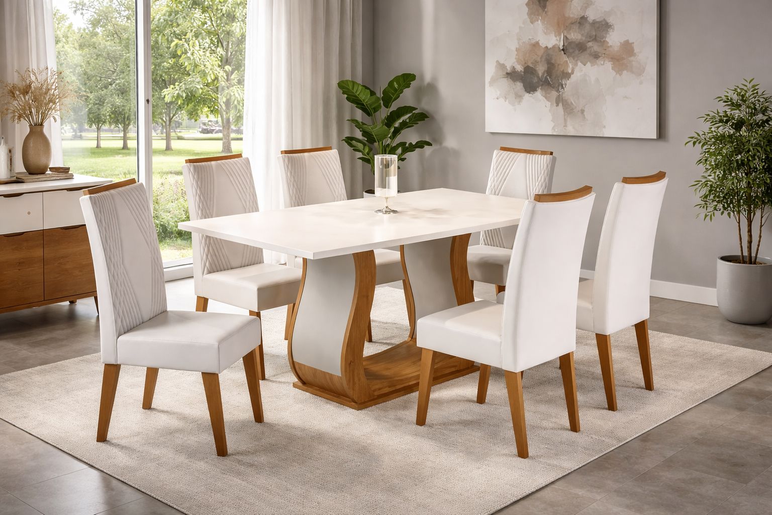 Mesa de Jantar Retangular Vitalic com 6 Cadeiras Madeira Maciça Vegas  Mel/Blonde/Marfim