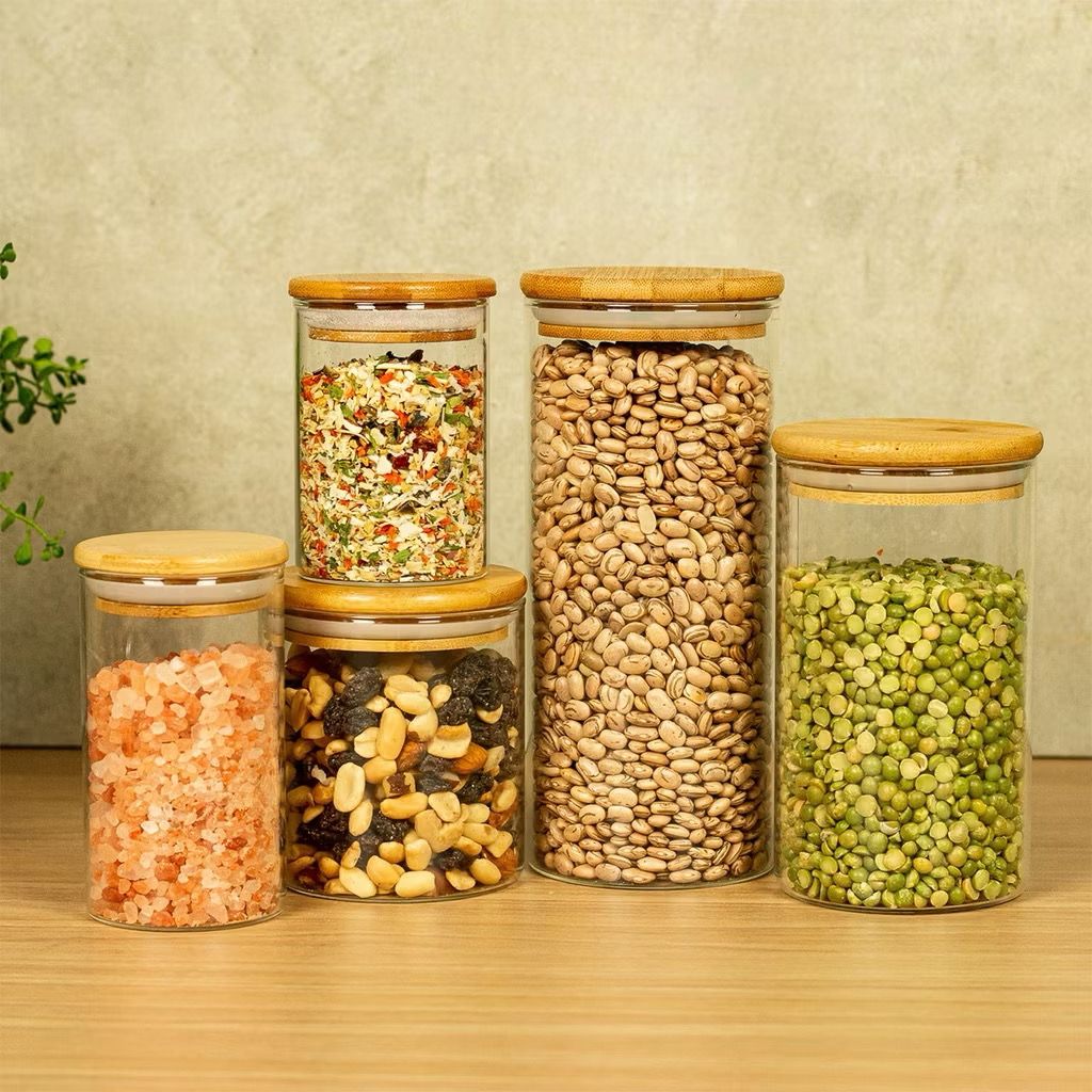Kit 5 Potes De Vidro para Mantimentos com Tampa Bambu 250ml 300ml 400ml 600ml 800ml - Oikos