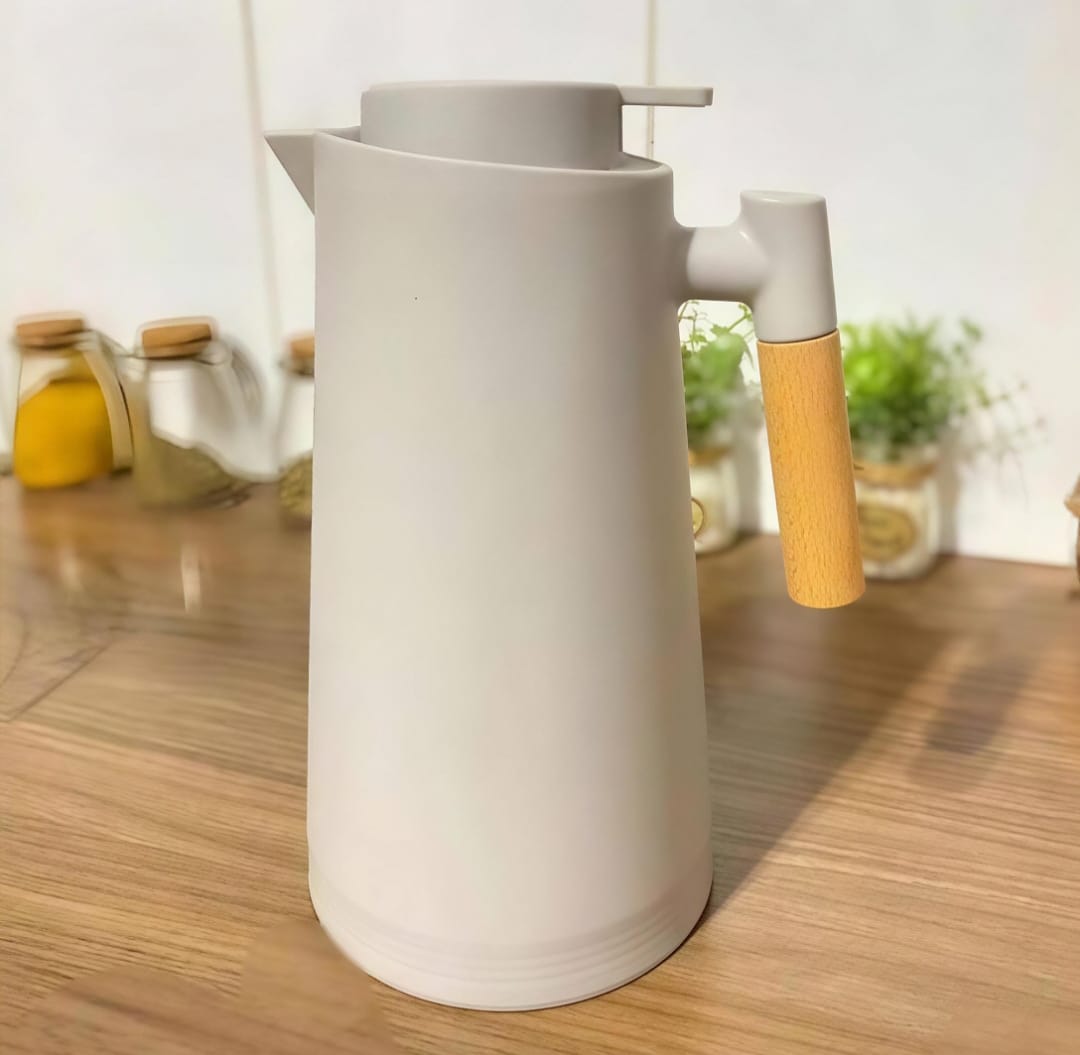 Garrafa Térmica  de água 1 Litro Com Termômetro Led Para Chás / Café Design Moderno Cabo De Madeira Cor Preta