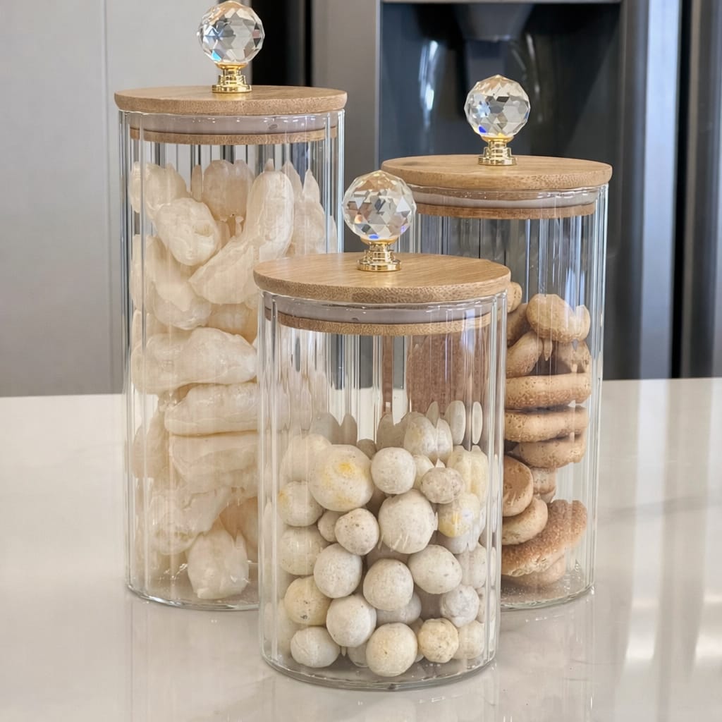 Kit 3 Potes Herméticos de Vidro Canelado Tampa Bambu Luxo P/ Mantimentos C/ Vedação