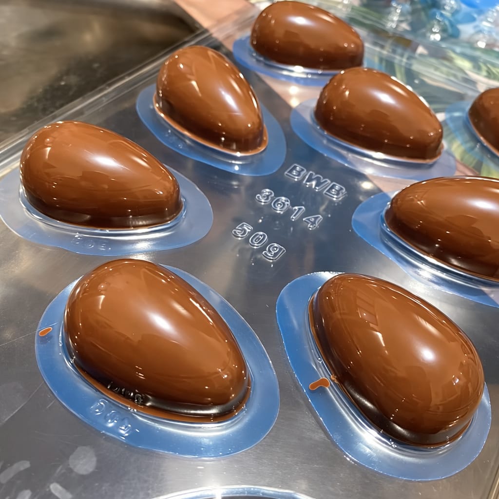 Forma p/ Ovo Páscoa 10g 30g 50g 100g 150g 250g 350g 500g 750g 1Kg Casca Lisa | Fina | Fatias SP 3 partes c/ Silicone Bwb