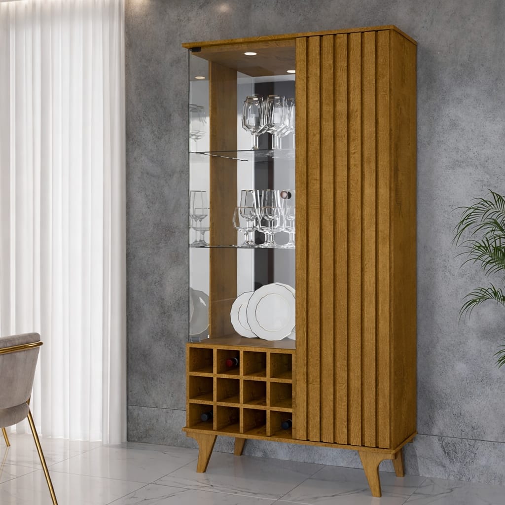 Cristaleira Elba Sala de Estar Pés de Madeira Maciça e Adega