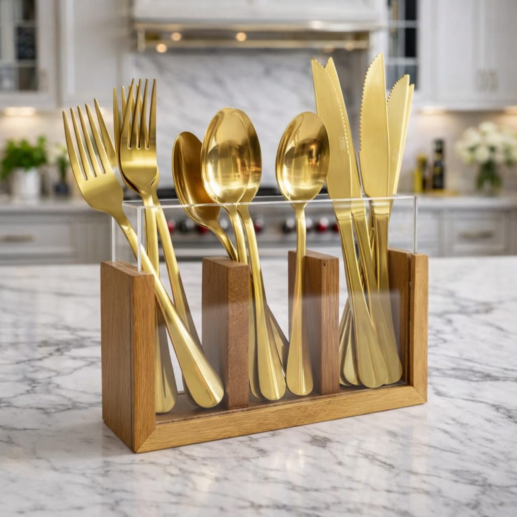 Organizador Multiuso Porta Talher em Madeira Nobre e Vidro Robusto