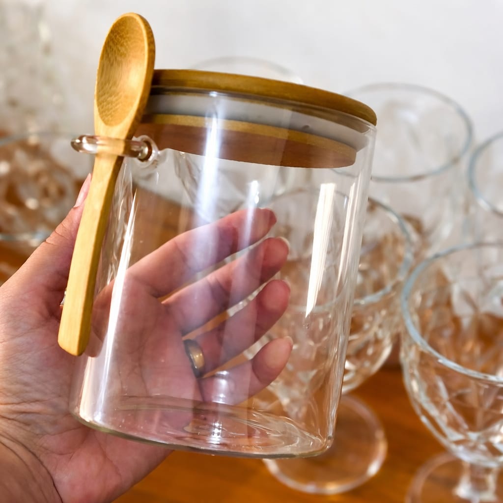 Pote De Vidro Redondo Tampa Bambu Hermético Com Colher