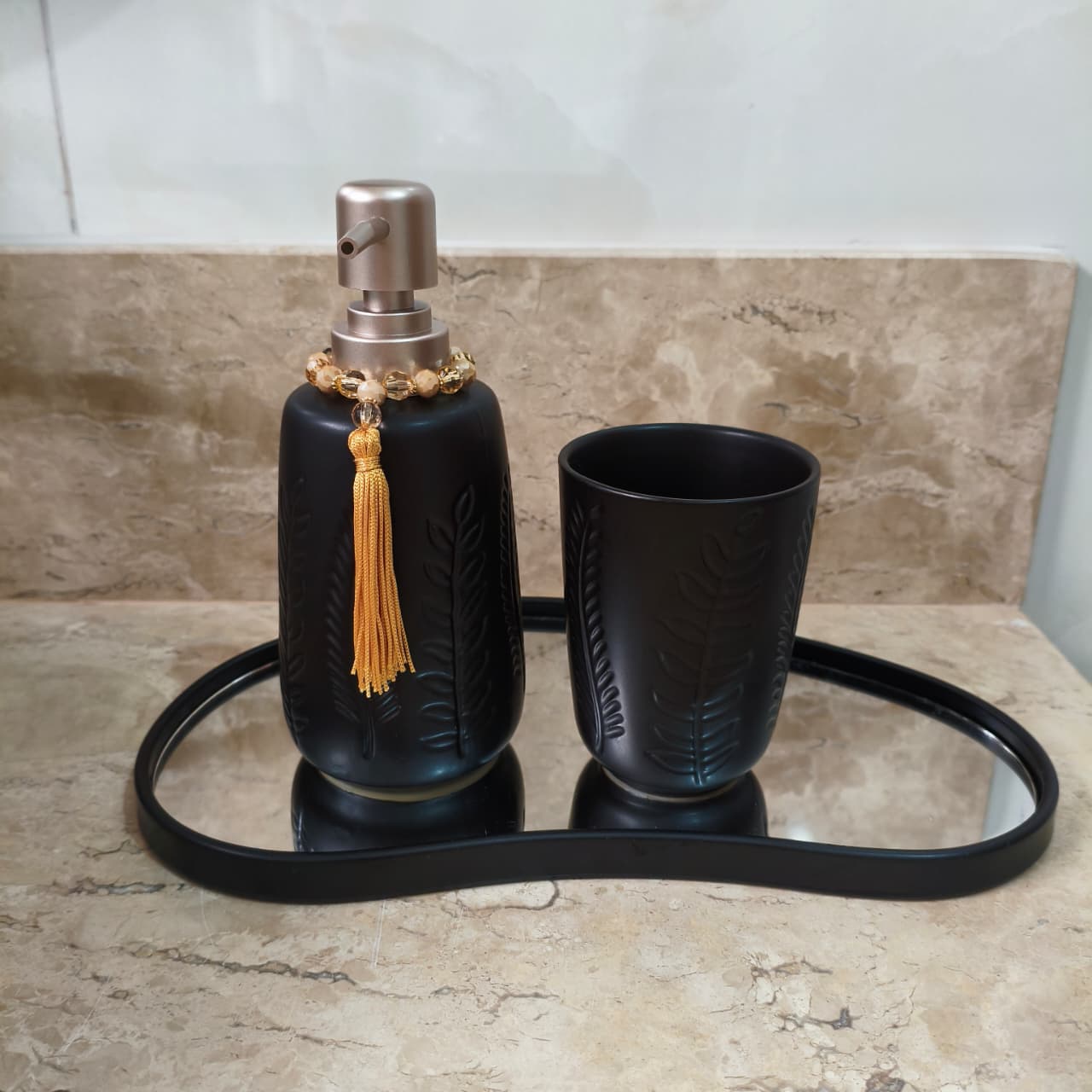 Kit Banheiro Lavabo 2 Peças Botanic Porta Sabonete Líquido Suporte p/Escovas Cerâmica Pump Champagne