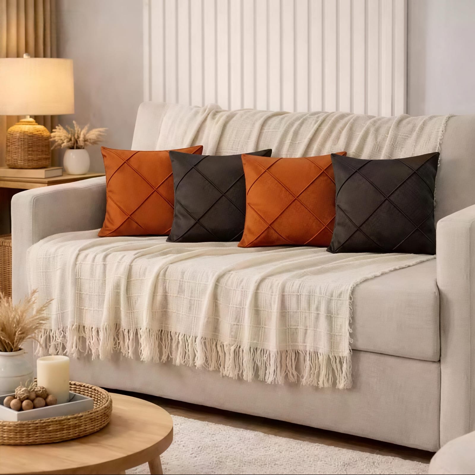 Kit Manta + Capas de Almofada Sued Drapeada Decoração Sala Sofá Manta P 1,40 x 1,70m