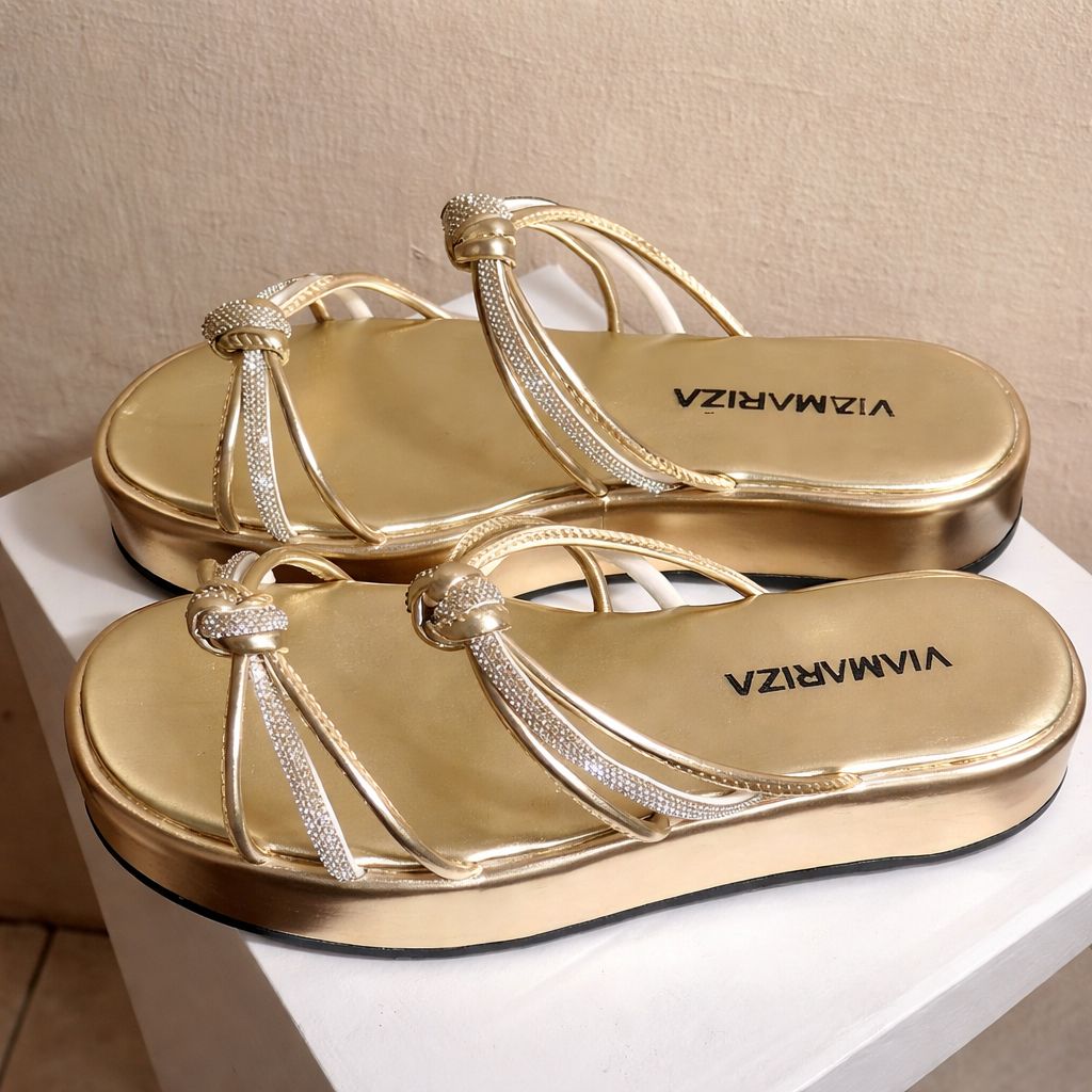 Sandália Feminina Tiras de Strass Brilho com Nó Plataforma FlatForm Luxo Confortável Blogueira Flat