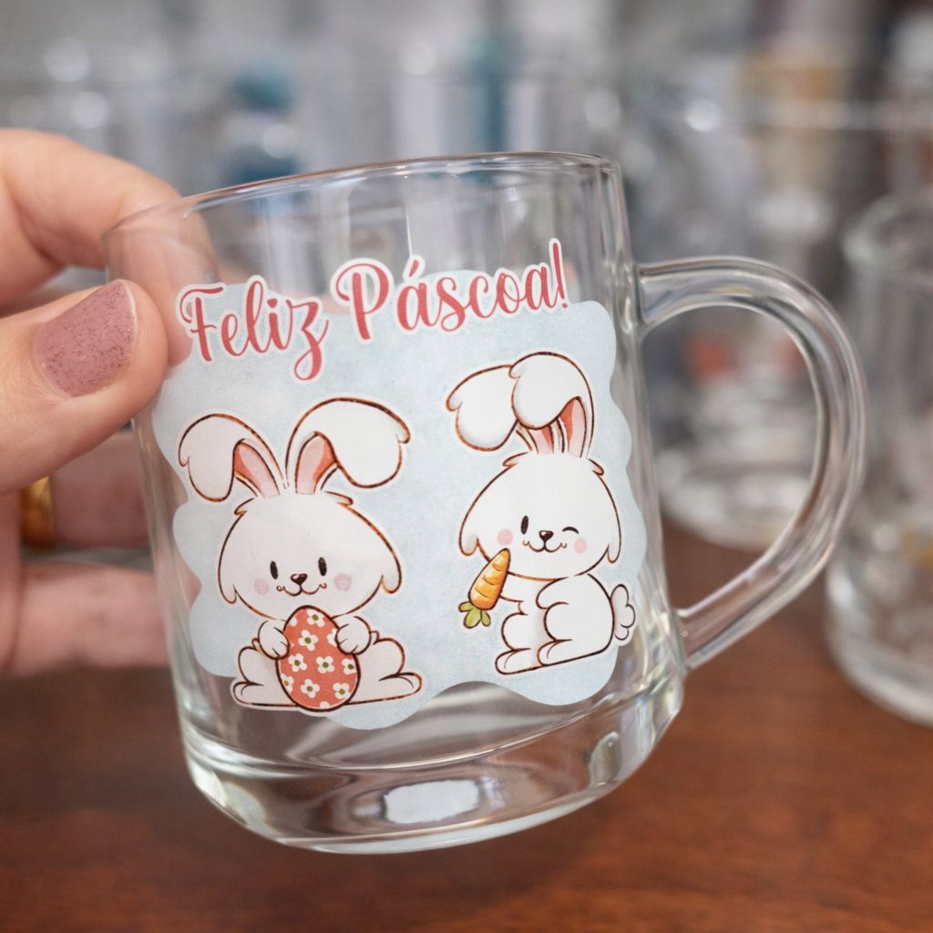 Kit 6 Canecas Vidro 250ml Decoradas Páscoa Sortidas, Ideal Para Cestas, Kits Presentes, NEW COFFEE