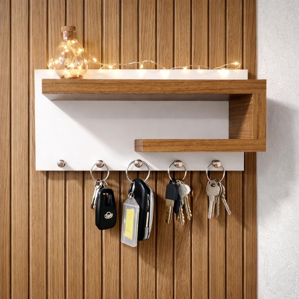 Porta Chaves De Parede Organizador Com Prateleira MDF 5 Ganchos